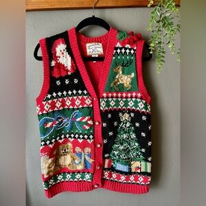 Vintage Tiara International Vest Sz Med Christmas Ugly Sweater Grandma Crochet